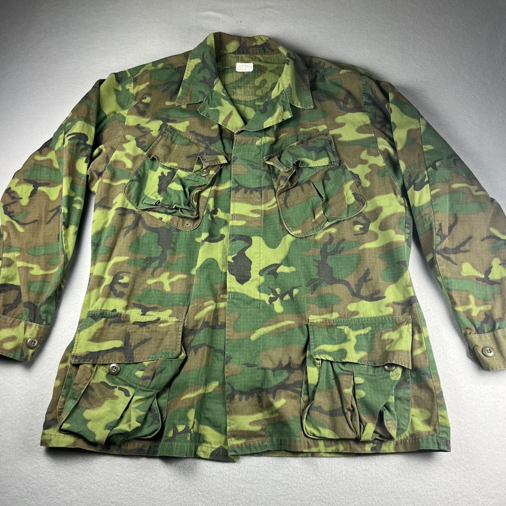 Vintage US Military ERDL Camo Combat Coat Cotton Poplin Jacket Large Regular